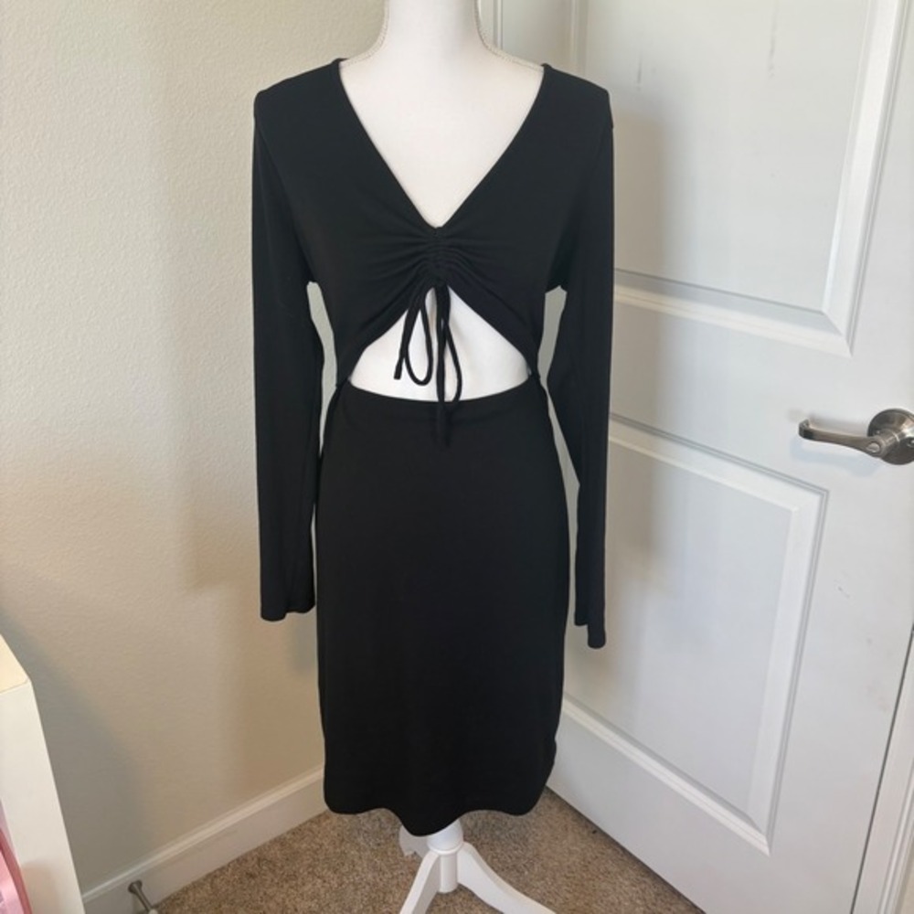 BCBG Paris Womens XL Black Ribbed Long Sleeve Cutout Front Midi Dress Bodycon